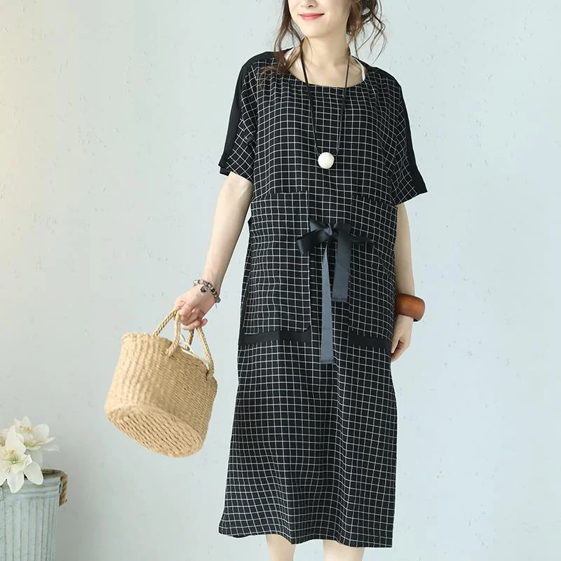 Fashion Black Plaid Cotton Blended Maxi Dress Trendy Plus Size O Neck Short Sleeve Traveling Clothing Patchwork Maxi Dresses Stylish Empire Waist Maxi Dress