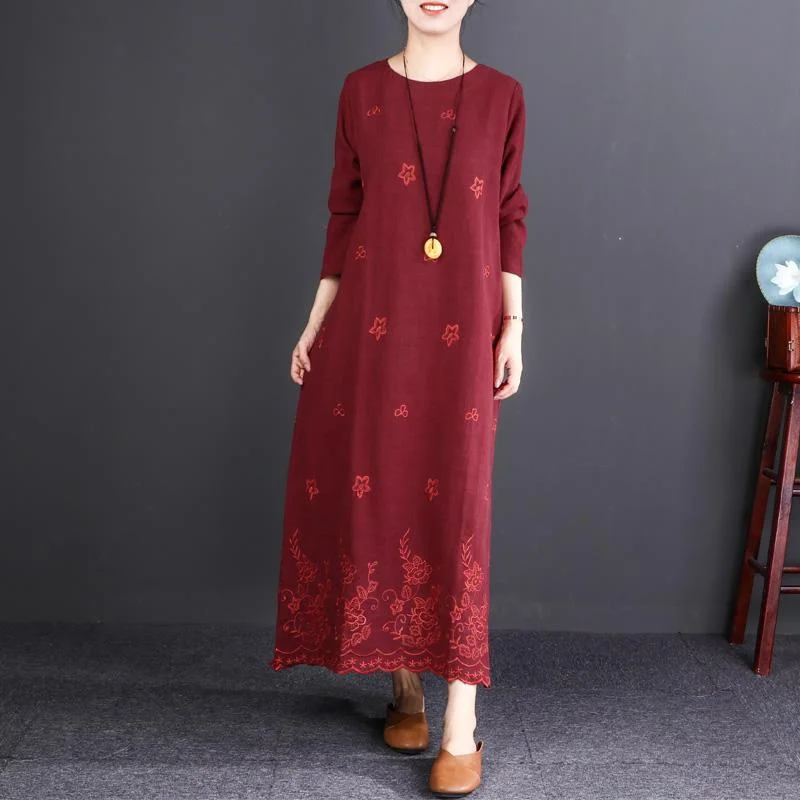 fashion burgundy embroider fabric long linen dresses plus size O neck baggy dresses gown Fine long sleeve maxi dresses Comfortable Plunging Neckline Maxi Dress