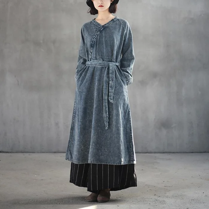 fashion denim blue cotton maxi dress plus size v neck cotton gown boutique tie waist autumn dress Fashionable Maxi Dress with Fringe