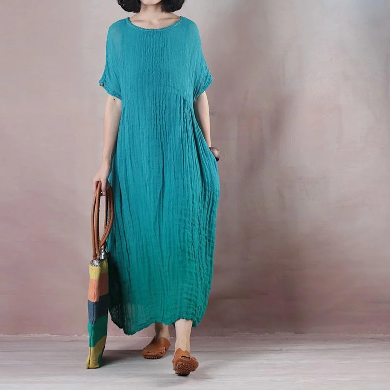 fashion green cotton linen maxi dress plus size clothing o neck baggy dresses Elegant wrinkled short sleeve cotton linen long dress Elegant Maxi Dress with Drapes