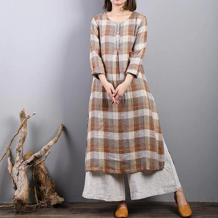 fashion khaki plaid linen caftans oversized side open linen maxi dress women o neck gown Trendy Button Front Maxi Dress