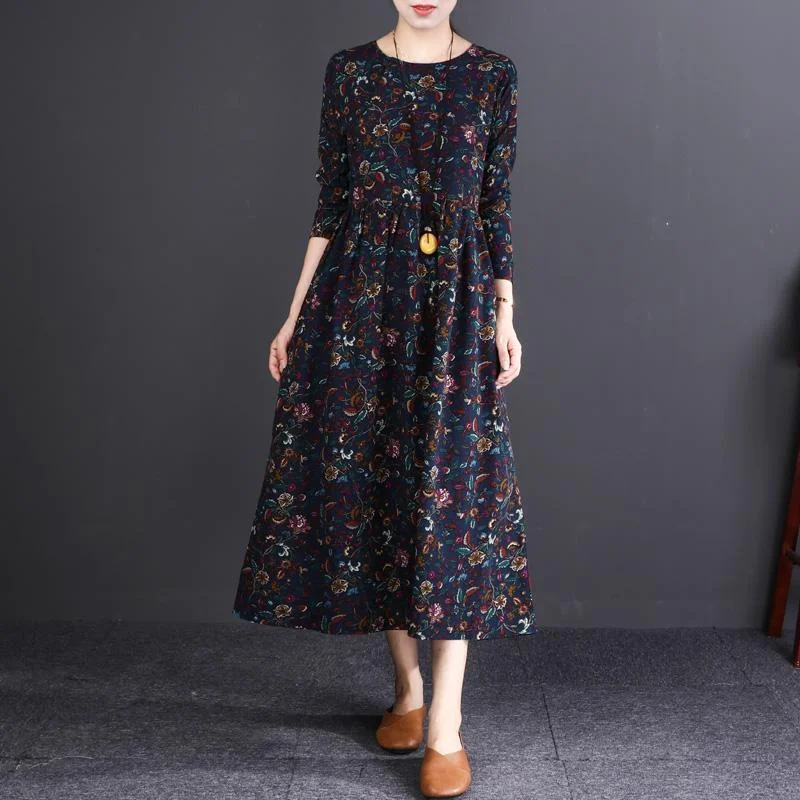 fashion navy print cotton linen maxi dress plus size O neck wrinkled casual long sleeve baggy dresses Stylish Maxi Dress with Pleats