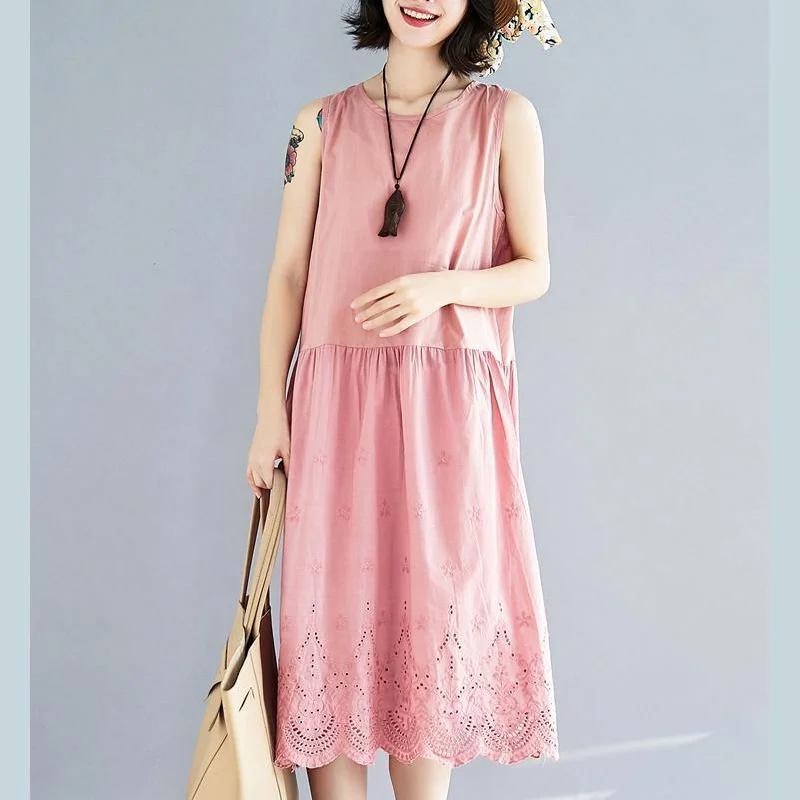 fashion pink long linen dress plus size hollow out linen gown 2018 sleeveless maxi dresses Comfortable Ruffle Maxi Dress