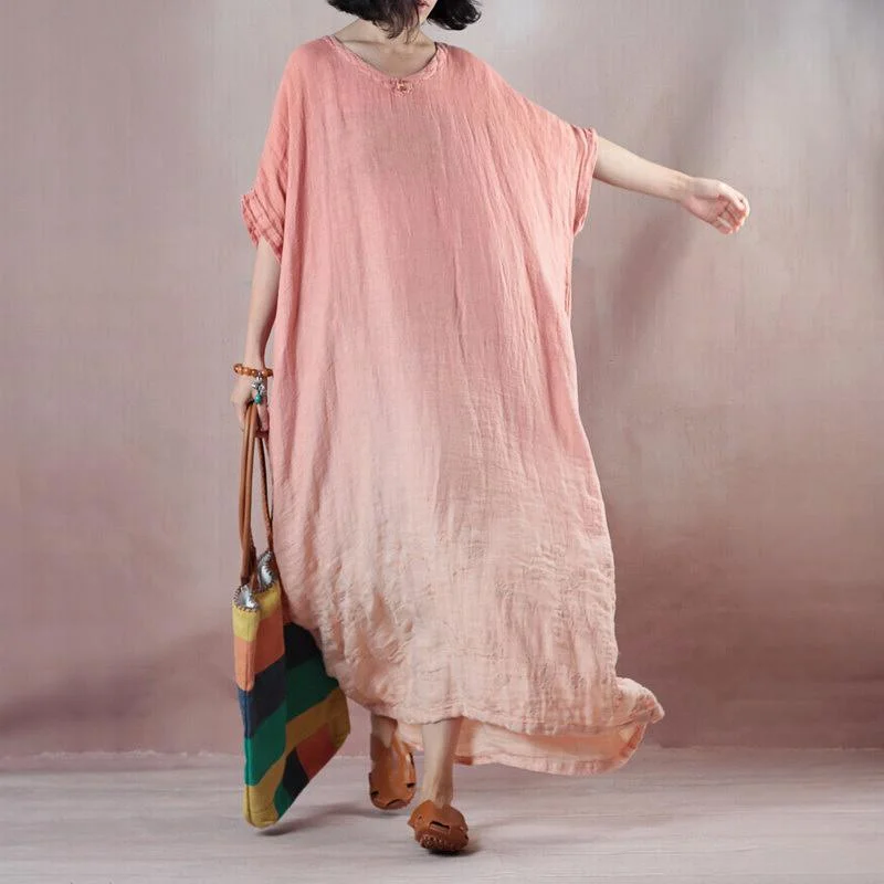 fashion pink orange linen dresses Loose fitting v neck baggy dresses  half sleeve maxi dresses Stylish V-Neck Maxi Dress