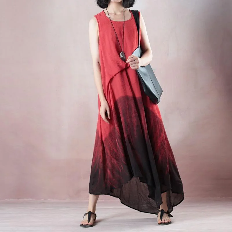 fashion red long cotton blended dresses plus size o neck Sleeveless cotton blended maxi dress boutique asymmetric kaftan Trendy Satin Maxi Dress