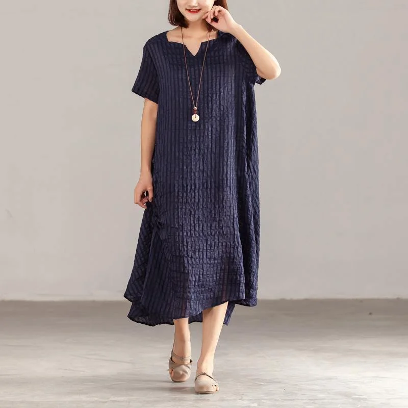 fashion silk linen maxi dress plus size clothing Women Navy Blue Short Sleeve Summer Casual Dress Elegant Lace-Up Maxi Dress