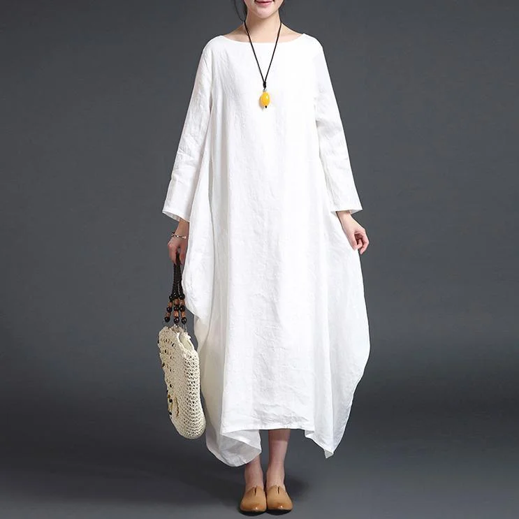 fashion white linen plus size O neck fall dresses Elegant long sleeve asymmetrical design maxi dresses Trendy Maxi Dress with Bow