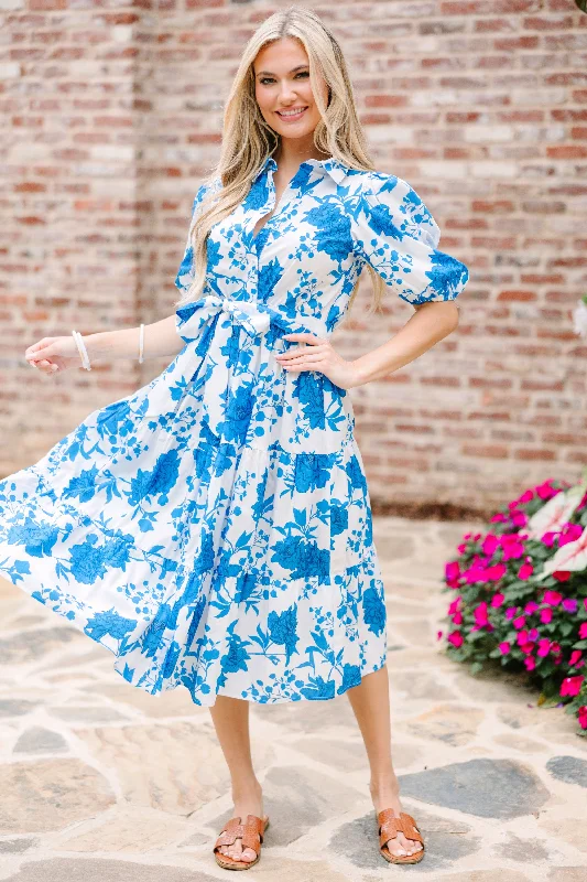 Feeling Alive Blue Floral Midi Dress Classic Black Midi Dress