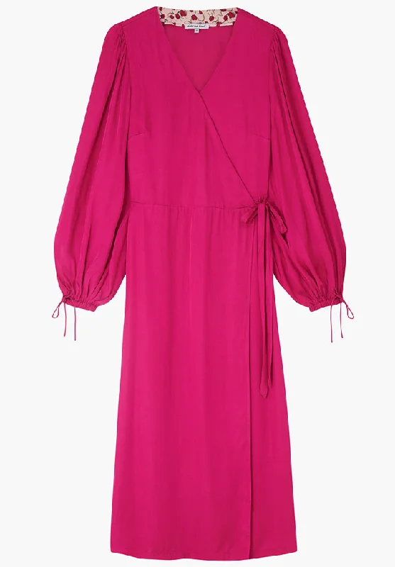 Fifi Wrap Midi Dress In Pink Elegant Satin Button Midi Dress