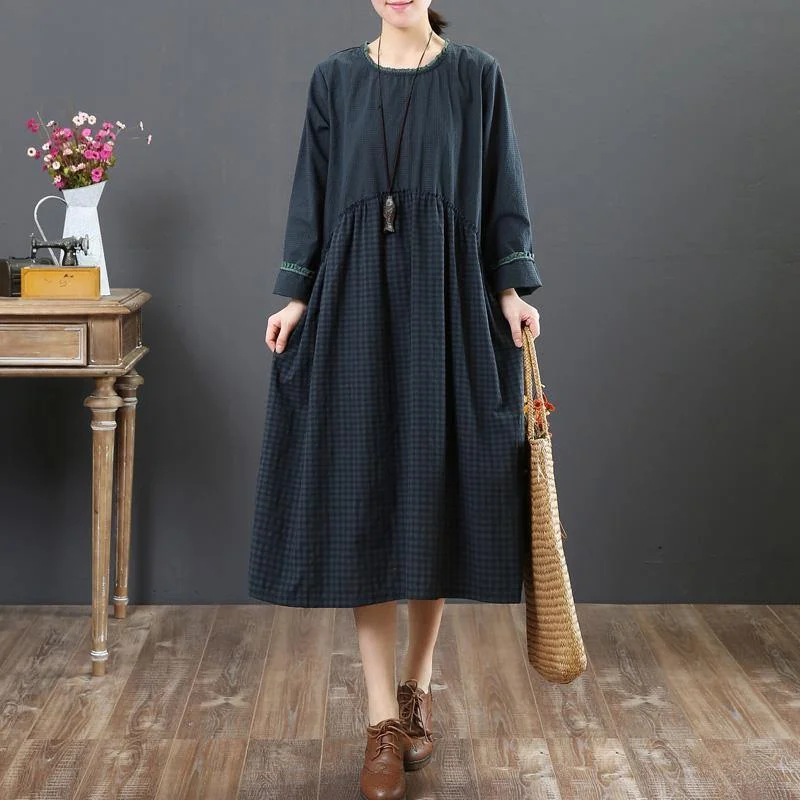 Fine blue patchwork cotton maxi dress plus size clothing ruffles o neck traveling dress long sleeve autumn dress Trendy V-Neck Maxi Dress