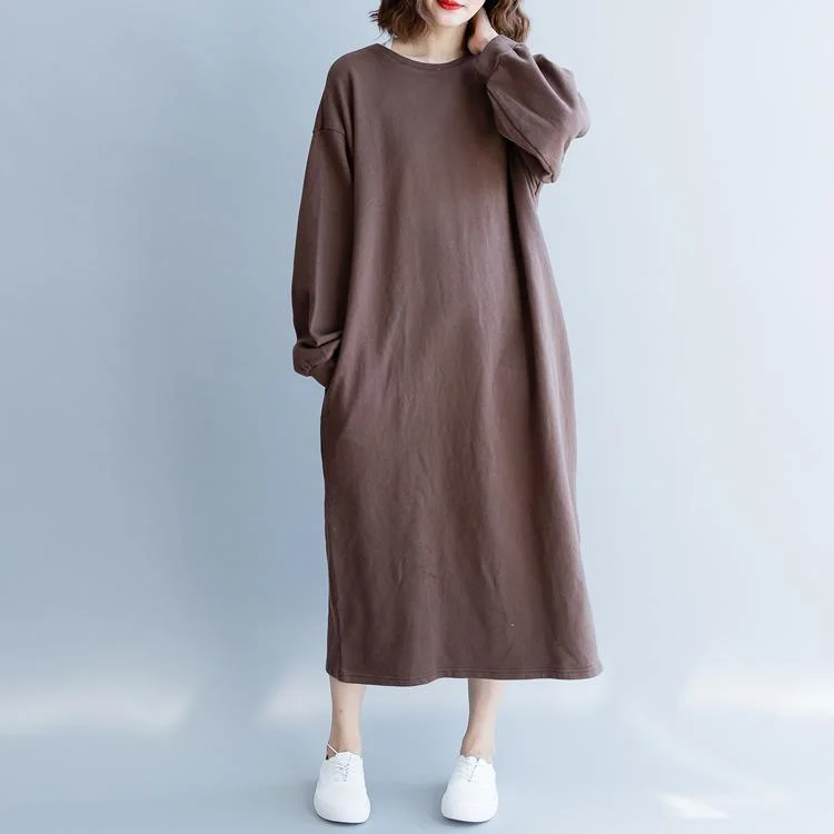 Fine chocolate cotton maxi dress plus size clothing warm traveling clothing o neck autumn dress Comfortable T-Shirt Maxi Dress