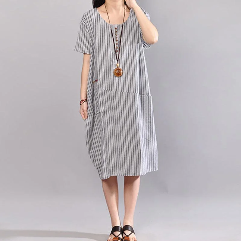 Fine cotton maxi dress stylish Stripe Short Sleeve Round Neck Casual Light Gray Dress Elegant Pleated Maxi Dress