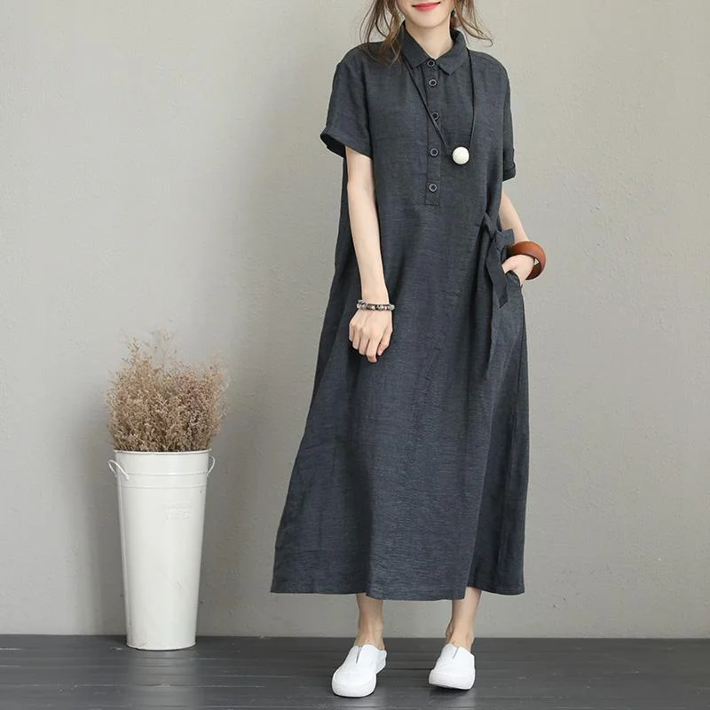 Fine dark gray linen dress trendy plus size turn-down collar linen clothing dresses Elegant short sleeve tie waist maxi dresses Trendy Ruffled Maxi Dress