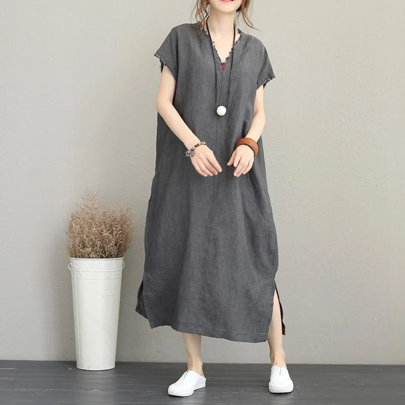 Fine gray linen caftans oversize v neck short sleeve side open gown Elegant baggy dresses maxi dresses Elegant Silk Maxi Dress