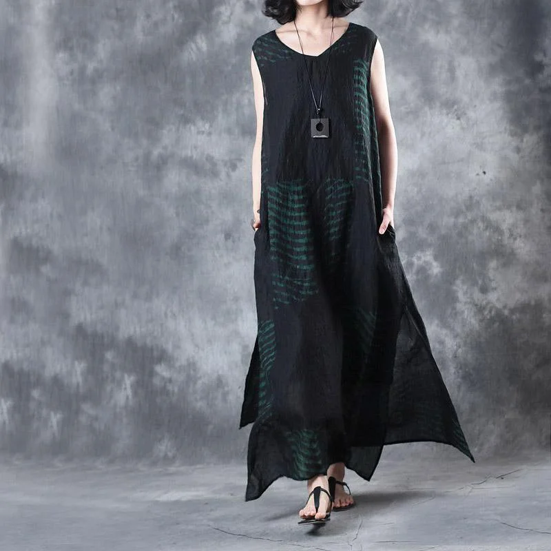 Fine green linen maxi dress Loose fitting v neck pockets linen clothing dresses 2018 Sleeveless striped long dress Stylish Empire Waist Maxi Dress