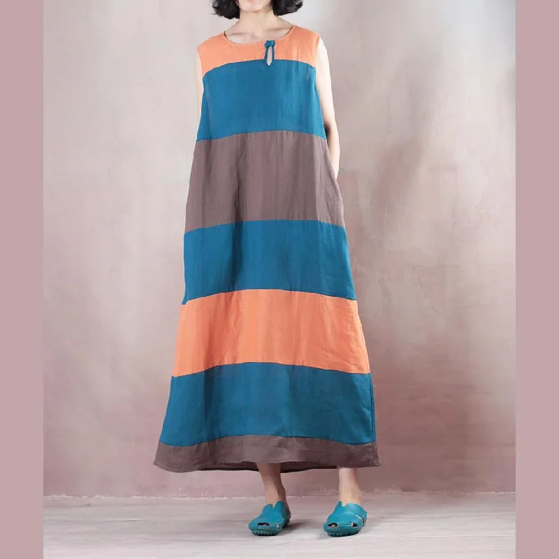 Fine multicolor striped linen maxi dress plus size  Sleeveless baggy dresses maxi dresses Fashionable High-Waist Maxi Dress