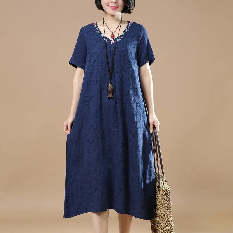 Fine navy linen maxi dress oversize v neck linen gown vintage jacquard linen caftans Fashionable Open-Back Maxi Dress