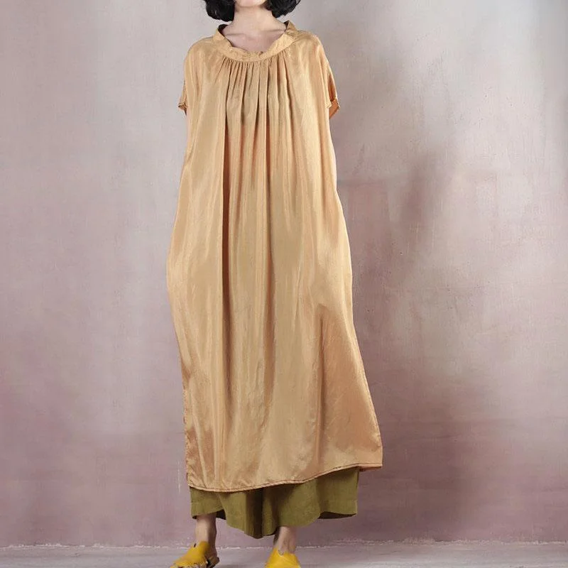 Fine yellow silk maxi dress casual o neck baggy dresses silk gown 2018 short sleeve dress Comfortable Plunging Neckline Maxi Dress