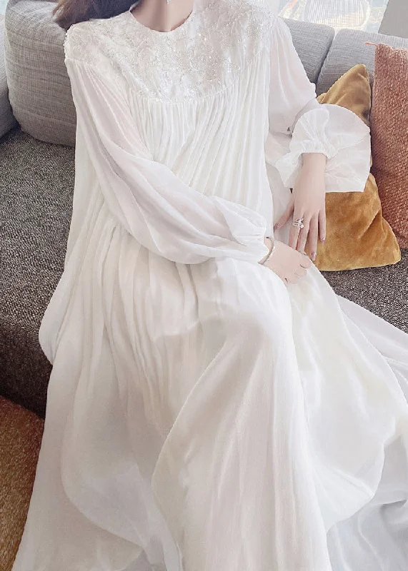 Fitted White O-Neck Embroidered Sequined Silk Maxi Dress Long Sleeve Trendy Button Front Maxi Dress