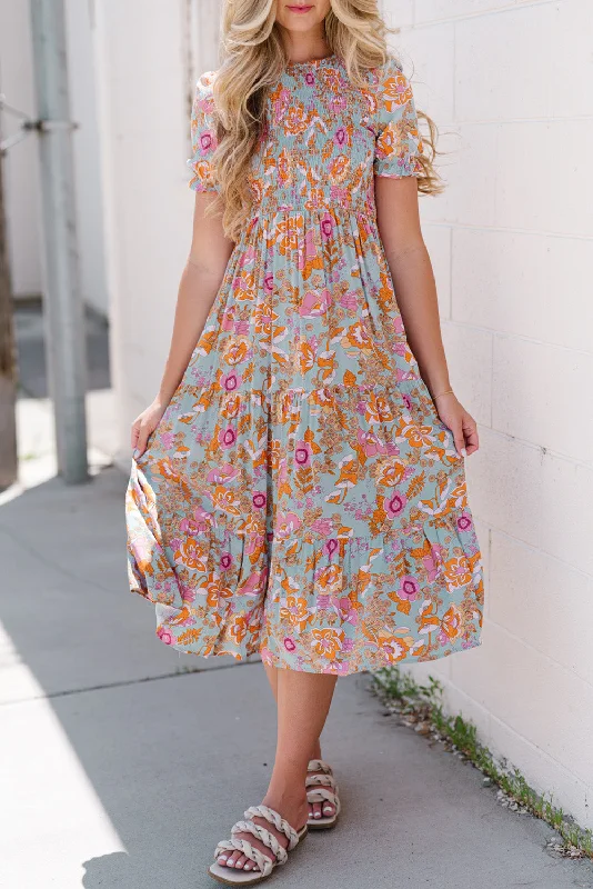 Floral Flounce Sleeve Round Neck Midi Dress Cozy A-Line Midi Dress