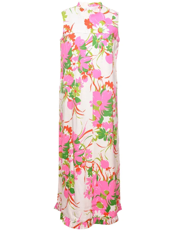 Floral Print 1970s Multi-Colour Ruffled Hem Maxi Dress - M Fashionable Chiffon Maxi Dress