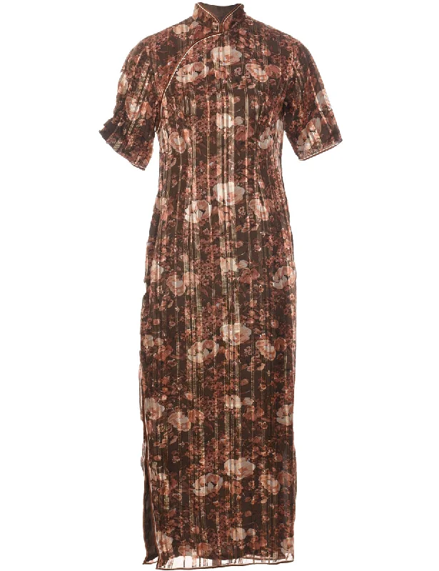 Floral Print Brown 1970s Maxi Dress - M Chic Off-Shoulder Maxi Dress