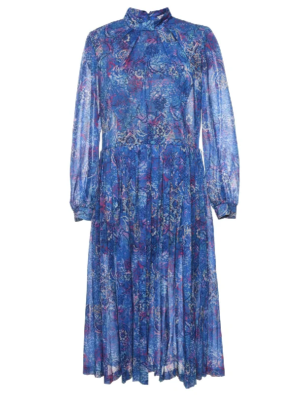 Floral Print Pleated Blue High Neck Maxi Dress - M Comfortable Ruffle Maxi Dress