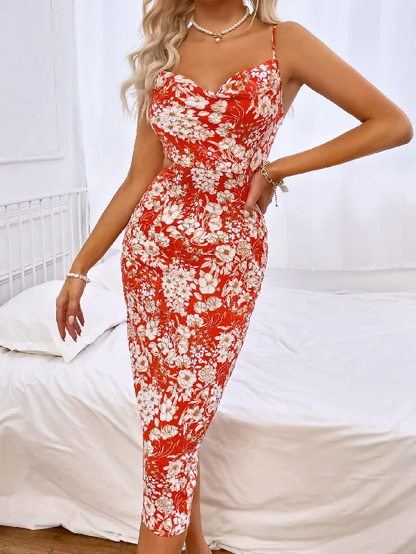Floral Print Tie Back Cowl Neck Sleeveless Midi Dress Elegant Satin Midi Dress
