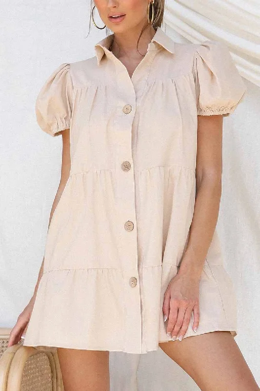 Florcoo Loose Lantern Sleeve Pleated Single Breasted Mini Dress Fashionable A-Line Mini Dress Florcoo Loose Lantern Sleeve Pleated Single Breasted Mini Dress Fashionable A-Line Mini Dress