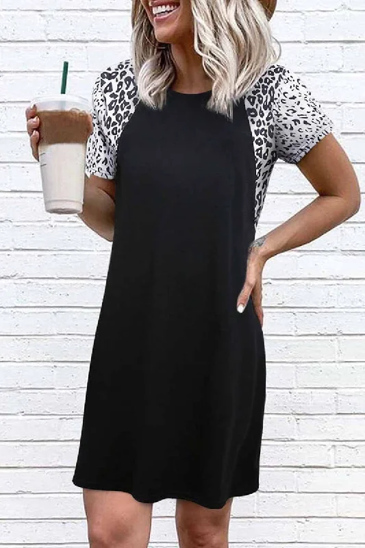 Florcoo Round Neck Rotator Sleeve Leopard Print Stitching Mini Dress Comfortable Casual Mini Dress Florcoo Round Neck Rotator Sleeve Leopard Print Stitching Mini Dress Comfortable Casual Mini Dress