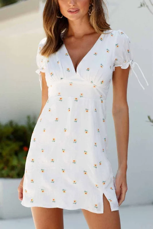 Florcoo Solid Color Puff Sleeve Printing Mini Dress Elegant Off-Shoulder Dress Mini