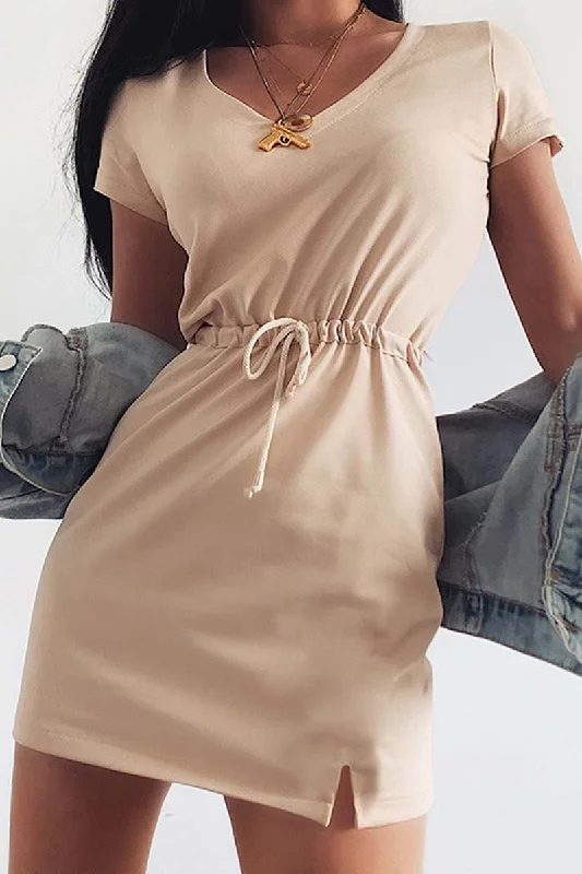 Florcoo Sexy Drawstring Split V-neck Mini Dress Casual Button-Up Mini Dress