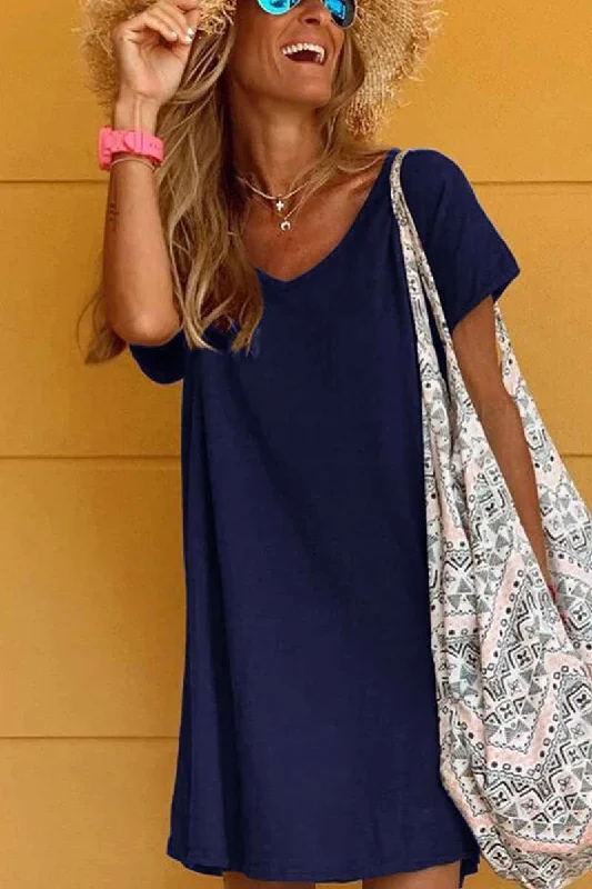 Florcoo Loose Solid Color Short Sleeve V-Neck Mini Dress Fashionable Polka Dot Mini Dress