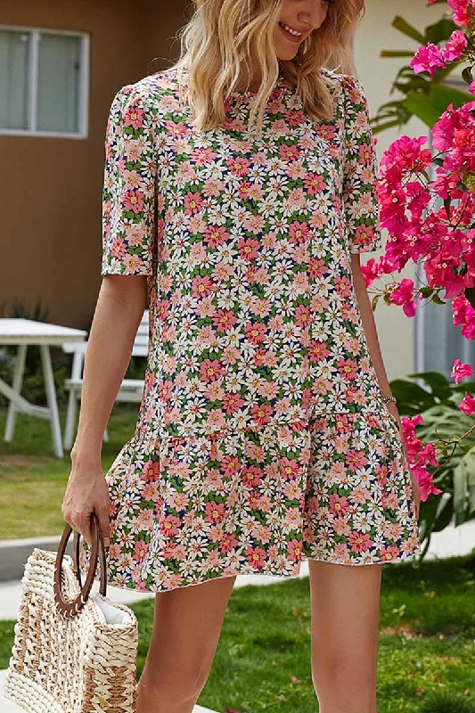 Florcoo Round Neck Ruffled Floral Mini Dress Elegant Velvet Mini Dress
