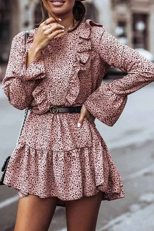 Florcoo Ruffle Print Long Sleeves Mini Dress Cozy A-Line Mini Dress