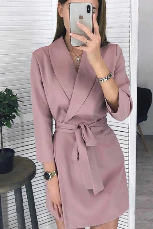 Florcoo Solid Color Long Sleeve Suit Collar Mini Dresses(4 Colors) Trendy Bodycon Mini Dress