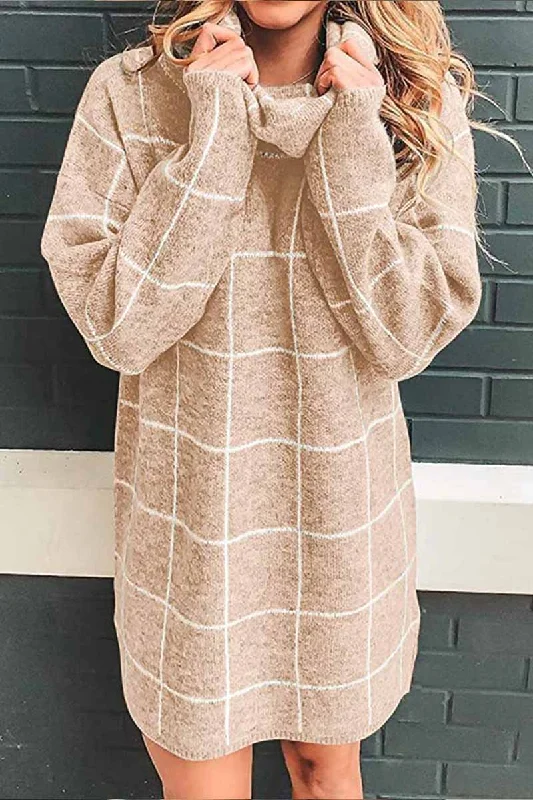Florcoo High Collar Plaid Loose Mini Dress Fashionable Lace Mini Dress