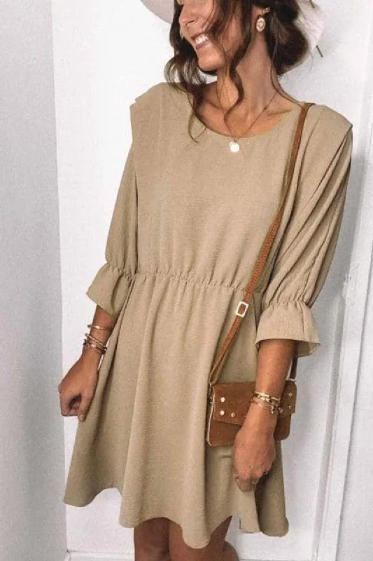 Florcoo Urban Casual Round Neck Sleeves Mini Dress Fashionable Mini Dress with Pockets