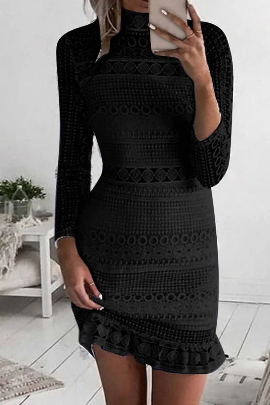Florcoo Pure Color Sexy Hollow Lace High Collar Mini Dress(3 Colors) Stylish Short Sleeve Mini Dress