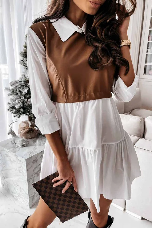 Florcoo Shirt skirt and leather stitching Mini Dress Fashionable A-Line Mini Dress
