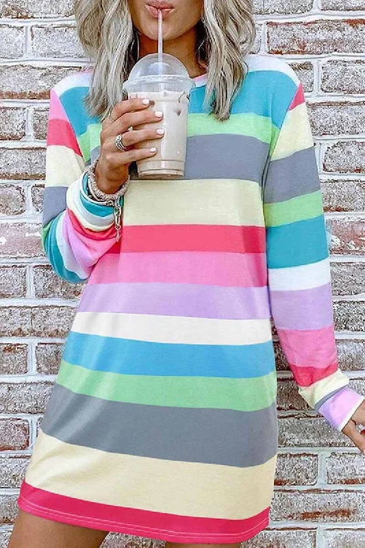 Florcoo Rainbow Long Sleeve Stripes Mini Dresses Classic Solid Mini Dress