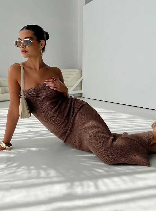 Flow Strapless Maxi Dress Brown Fashionable Chiffon Tiered Maxi Dress