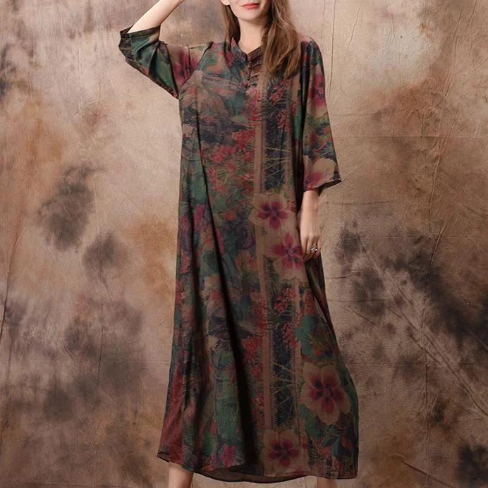 Flowy stand collar Chiffon Wardrobes top quality Sewing green print Maxi Dresses spring Stylish Pleated A-Line Maxi Dress