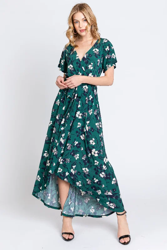 Forest Green Floral Wrap Front V-Neck Hi-Low Midi Dress Classic Black Midi Dress