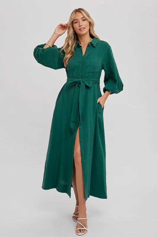 Forest Green Gauze Belted Shirt Midi Dress Trendy Long Sleeve Midi Dress