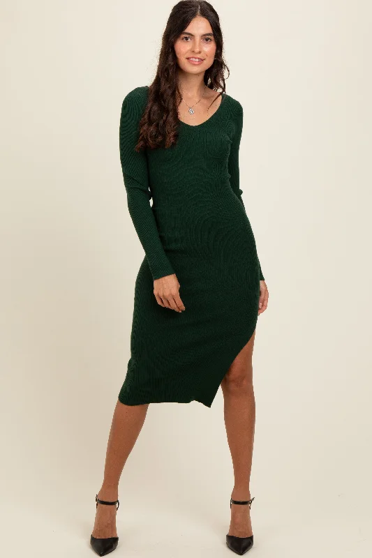 Forest Green Ribbed Knit Side Slit Midi Dress Fashionable Off-Shoulder Dress Midi