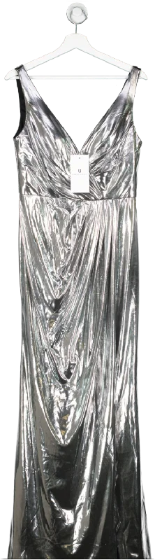 Forever Unique Metallic Limited Edition Silver Maxi Dress With Gathered Waist And Split UK 12 Comfortable Ruffle Hem Maxi Dress