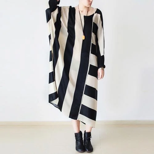 French Beige Striped Chiffon Long Shirts Omychic Neckline Batwing Sleeve Maxi Dress Comfortable Fitted Maxi Dress