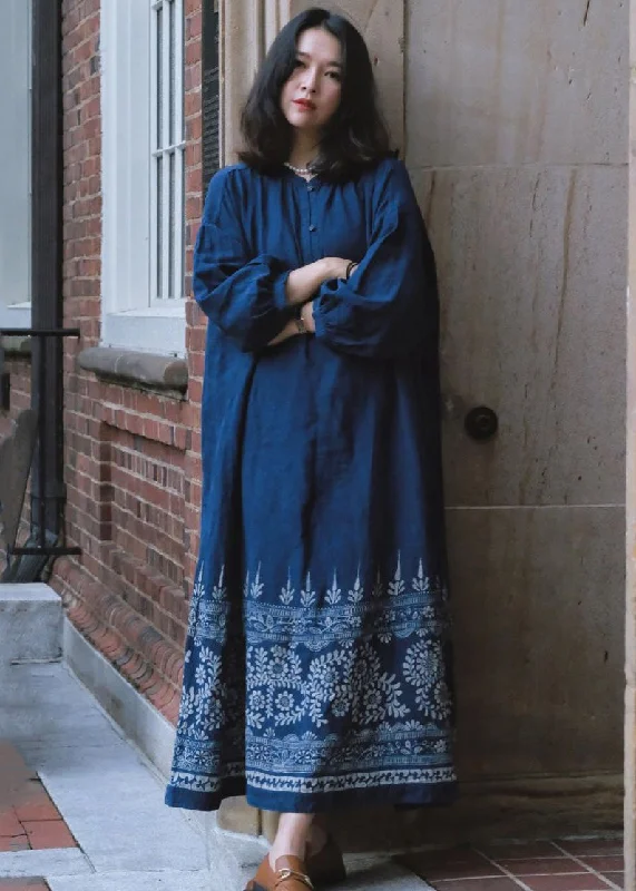 French Blue Button Print Maxi Dresses Long Sleeve MN054 Stylish Maxi Dress with Frills
