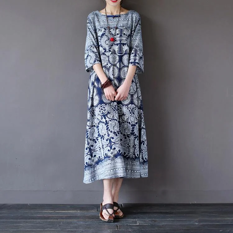 French cotton dresses Organic patchwork Work blue print o neck Maxi Dresses Comfortable Ruffle Hem Maxi Dress